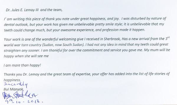 Orthodontic testimonial following treatment by the Lemay orthodontists in Sherbrooke