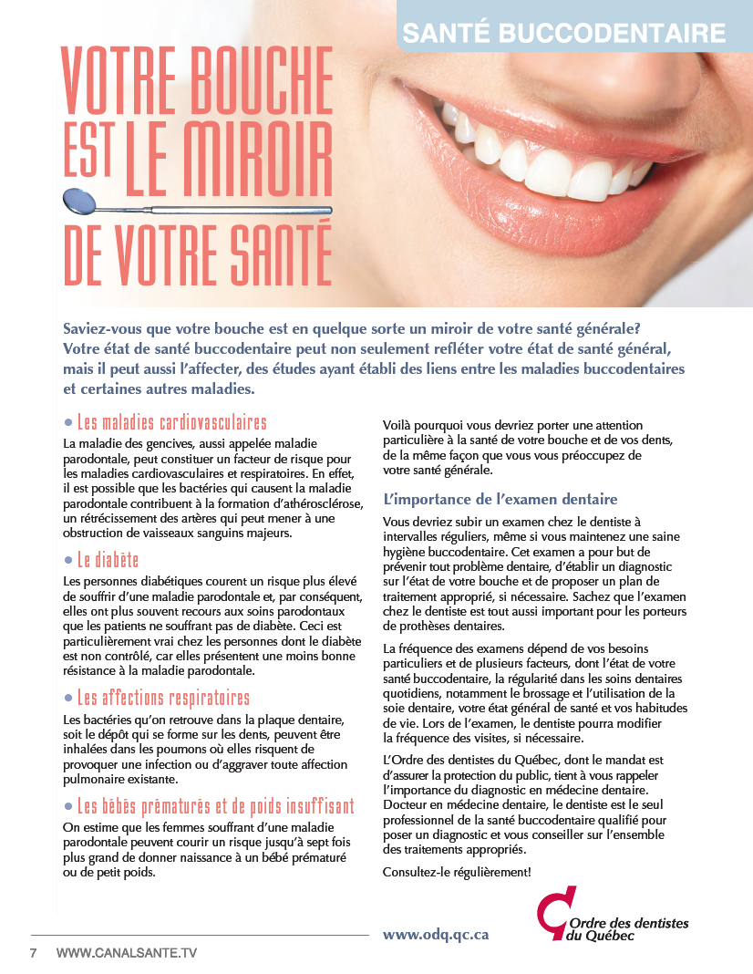 Communiqué de l'Ordre des dentistes du Québec sur la santé buccodentaire et la santé générale.