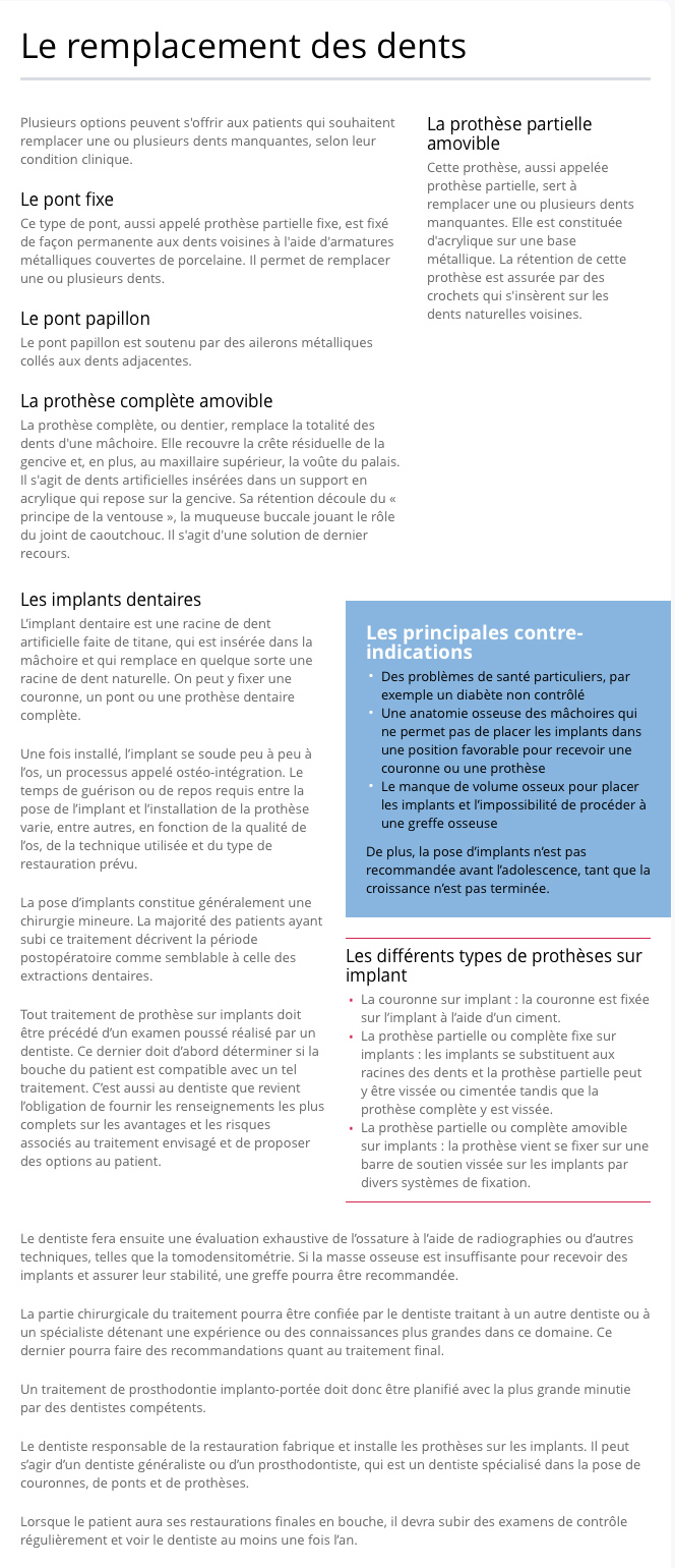 Remplacement prothetique des dents, texte de l'Ordre des dentistes du Québec  ODQ