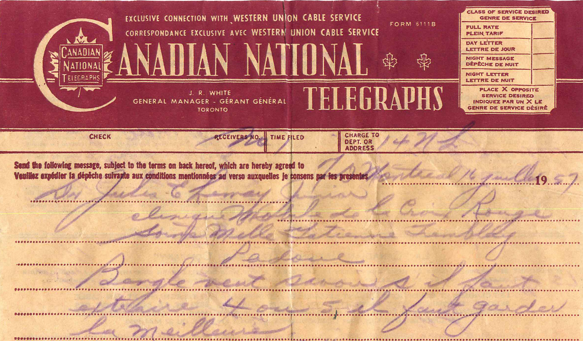 Télégramme reçu par Dr Jules E. Lemay orthodontiste en 1957 pour l'extraction de dents pour un traitement d'orthodontie. 